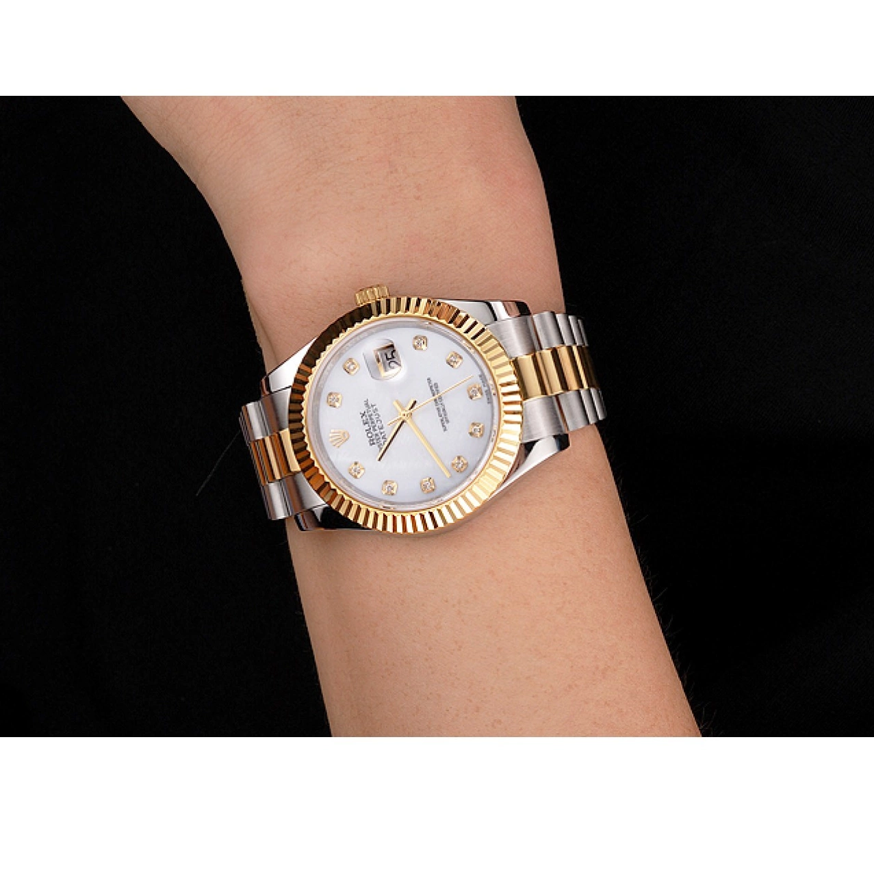 Aaa replica watch Rolex Datejust Case Marks Bracelet Diamond Hour Steel White Stainless Tone Bezel Dial Swiss Gold Two 0729